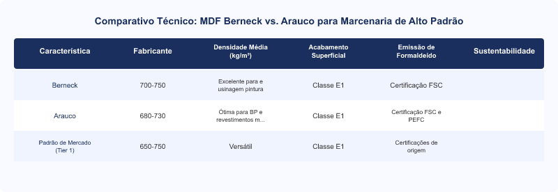 Berneck vs Arauco: MDF para Marcenaria de Alto Padrão e Conformidade E1