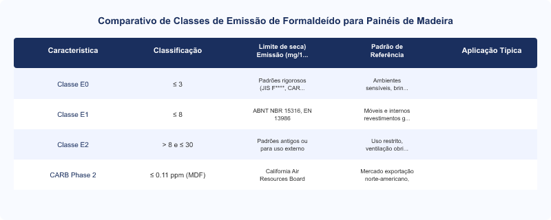 Diagrama técnico: Certificações de Formaldeído para MDF no Brasil: Classe E1 e Normas ABNT