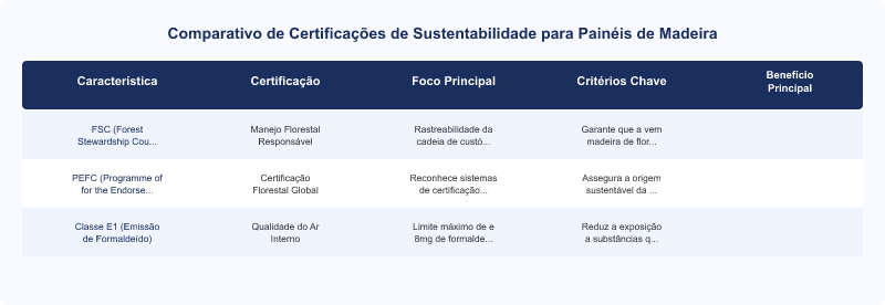 Diagrama técnico: Certificações de Sustentabilidade para Painéis de Madeira: FSC, PEFC e E1