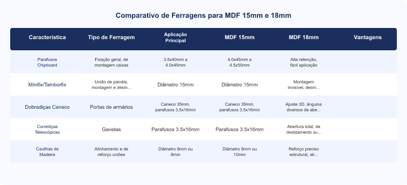 Diagrama técnico: Ferragens para MDF 15mm e 18mm: Guia Técnico de Escolha e Aplicação