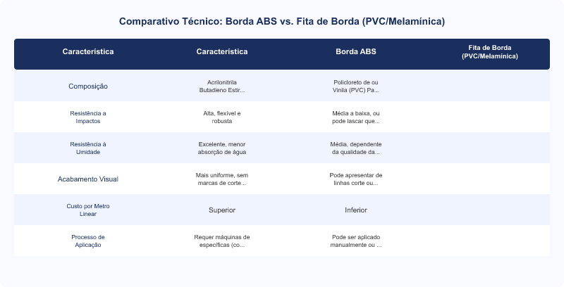 Diagrama técnico: MDF: Borda ABS vs. Fita de Borda – Análise Técnica de Durabilidade