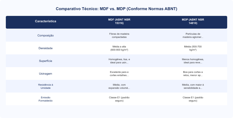 Diagrama técnico: MDF e MDP Greenplac: Características e Aplicações sob Normas ABNT
