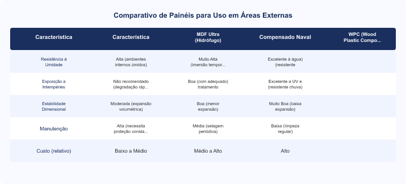 Diagrama técnico: MDF Ultra em Áreas Externas: Limitações e Alternativas Técnicas