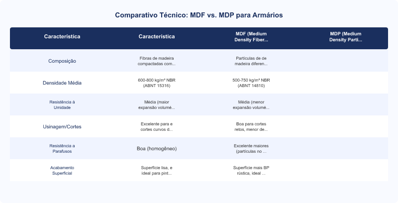 Diagrama técnico: MDF vs. MDP para Armários: Diferenças Técnicas e Aplicações Ideais