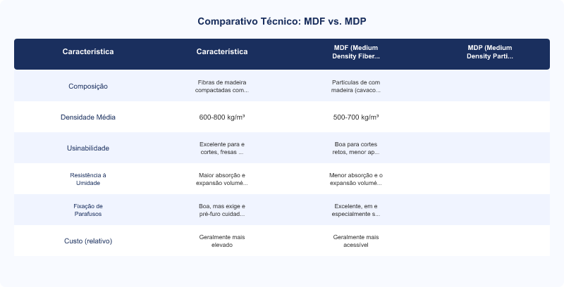Diagrama técnico: MDF vs. MDP: Diferenças Técnicas em Composição, Uso e Desempenho