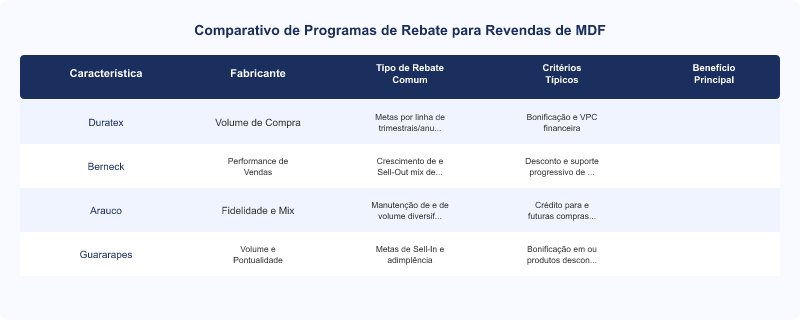 Programas de Rebate MDF: Duratex, Berneck, Arauco, Guararapes para Revendas