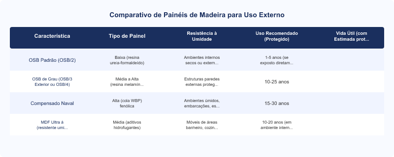 Diagrama técnico: Vida Útil de Painéis OSB em Ambiente Externo: Fatores e Expectativas Técnicas